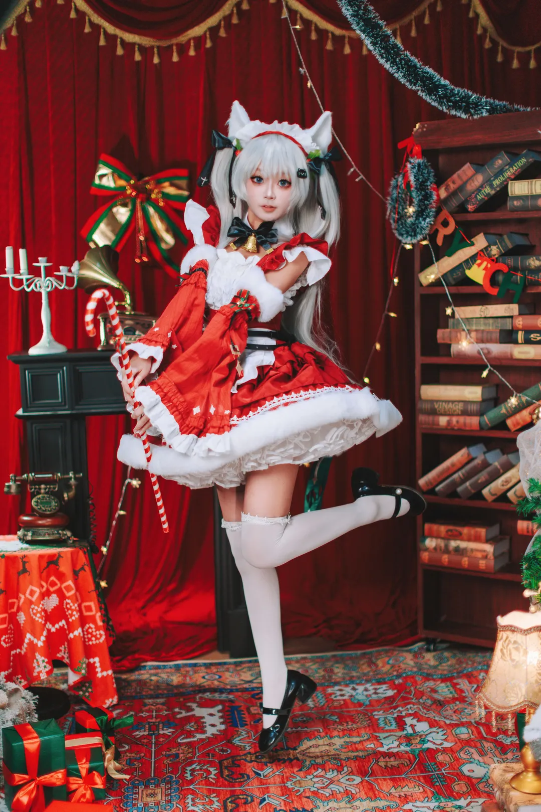 二次元, アズールレーン, 白ストッキング, クリスマス・コスプレ, ハマーン・カーンコスプレ