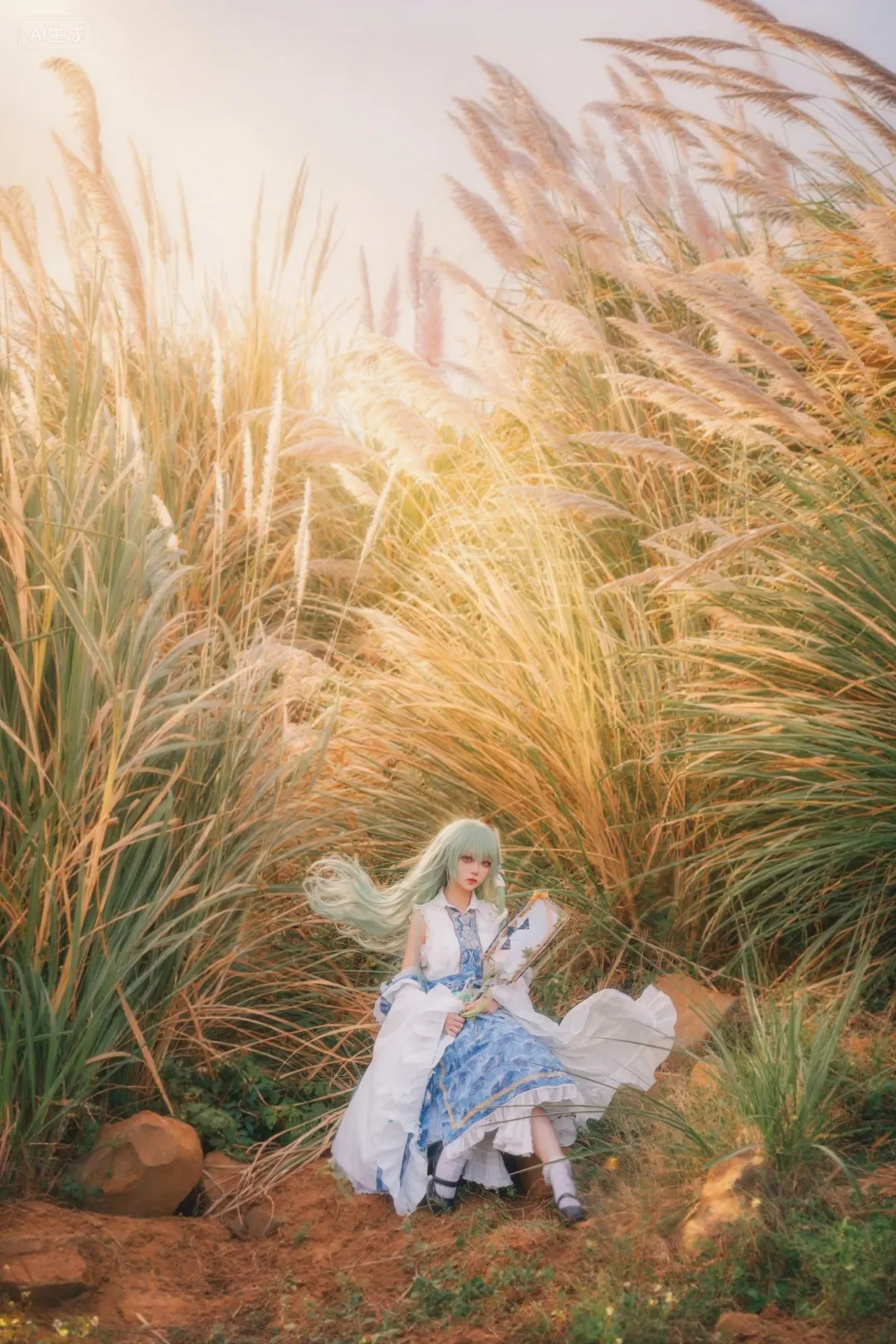 东方project, 芦苇荡写真, 白丝cosplay, 逆光氛围感, 东方谷早苗cos - 第1张
