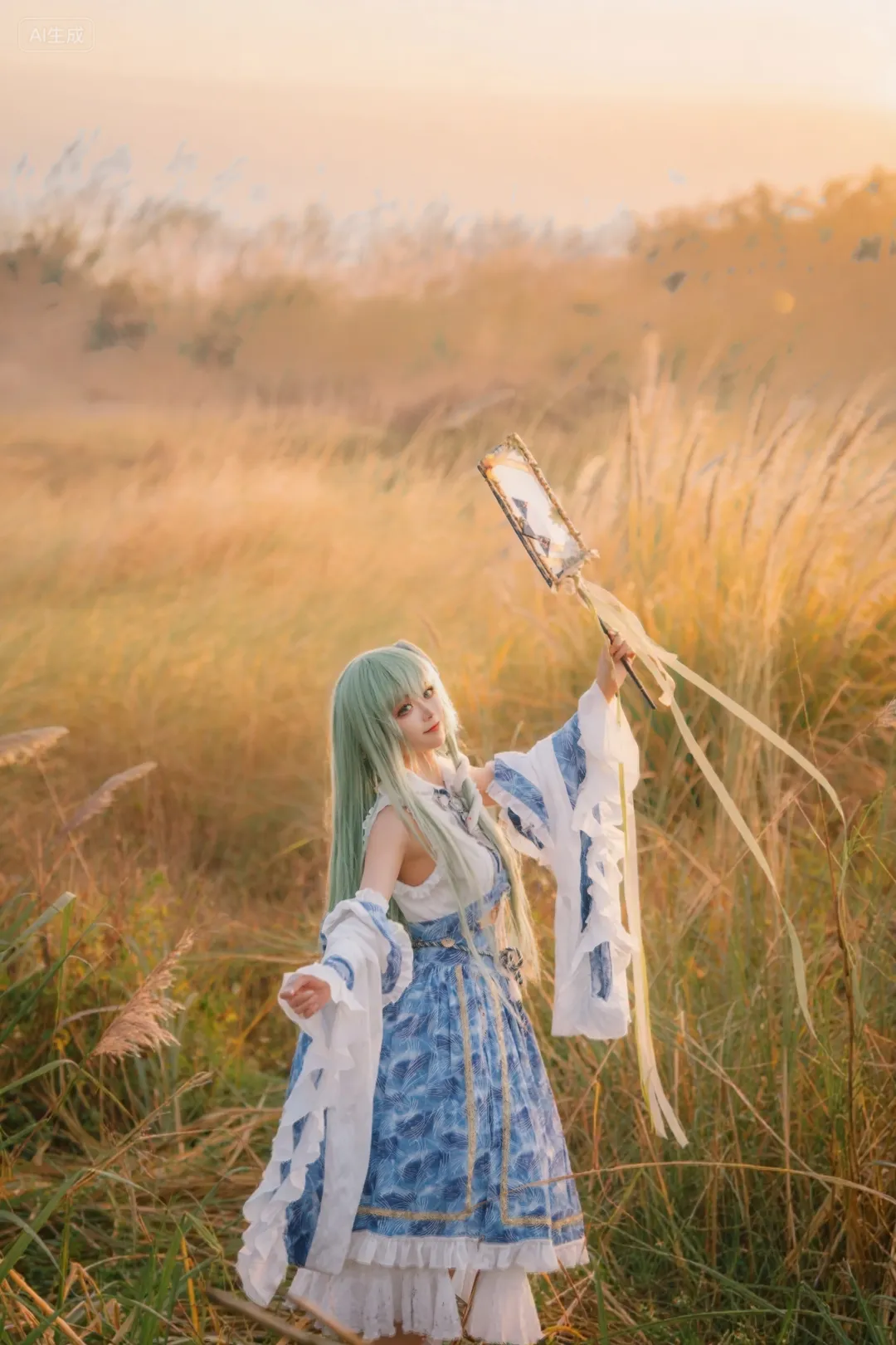 东方project, 芦苇荡写真, 白丝cosplay, 逆光氛围感, 东方谷早苗cos - 第3张
