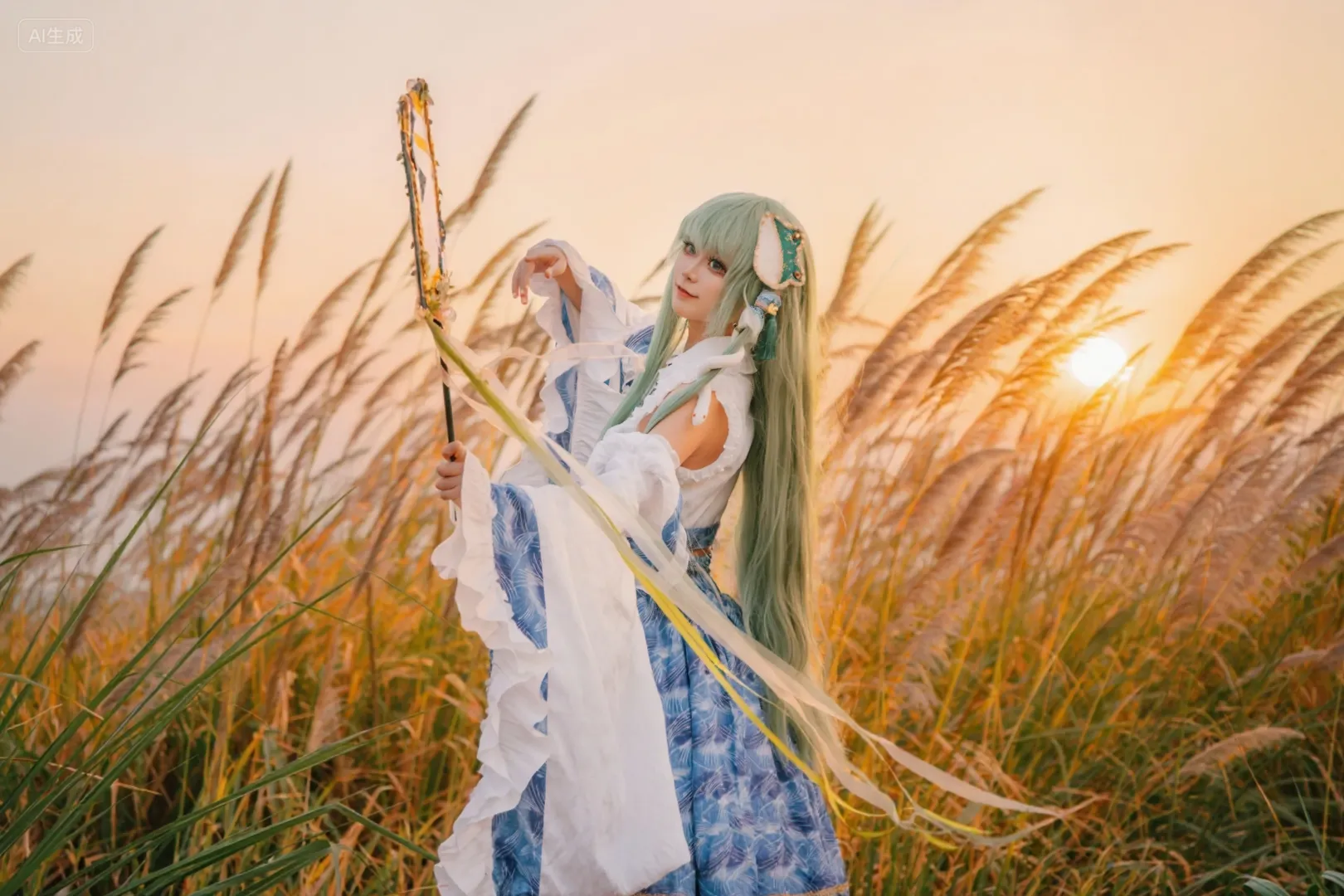 东方project, 芦苇荡写真, 白丝cosplay, 逆光氛围感, 东方谷早苗cos - 第4张