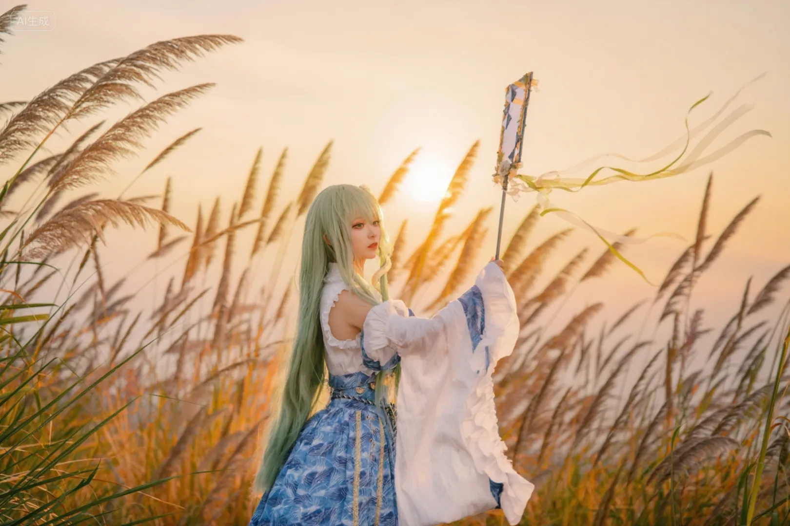 东方project, 芦苇荡写真, 白丝cosplay, 逆光氛围感, 东方谷早苗cos - 第6张