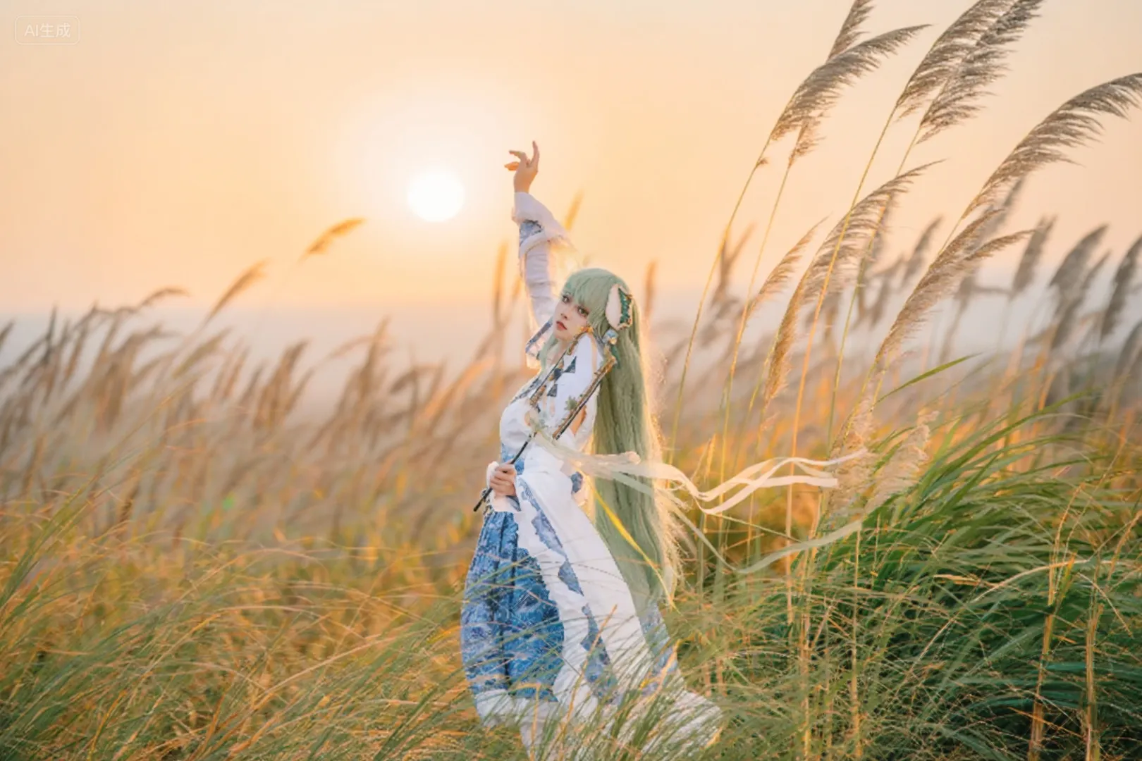 东方project, 芦苇荡写真, 白丝cosplay, 逆光氛围感, 东方谷早苗cos - 第7张