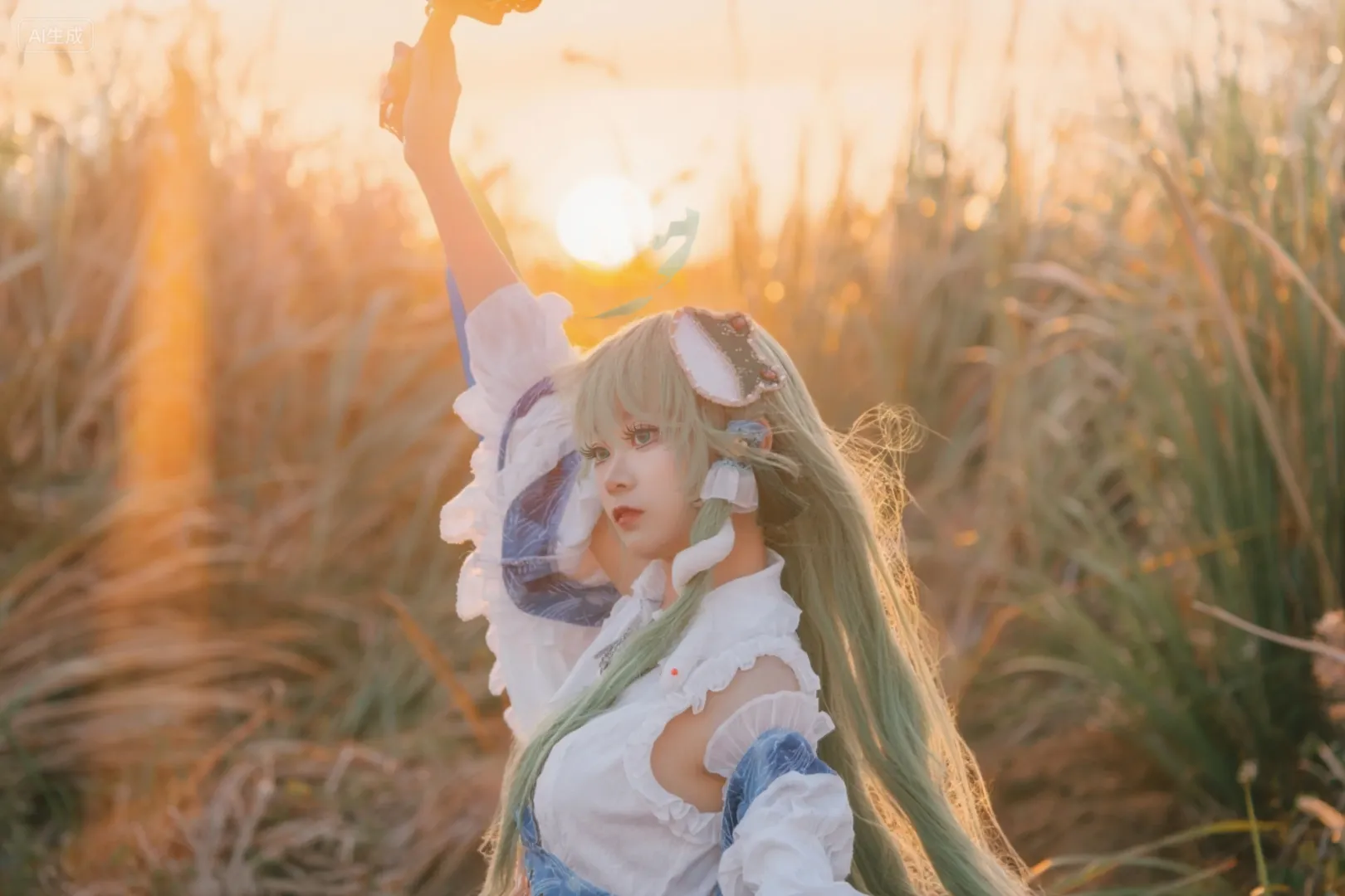 东方project, 芦苇荡写真, 白丝cosplay, 逆光氛围感, 东方谷早苗cos - 第9张
