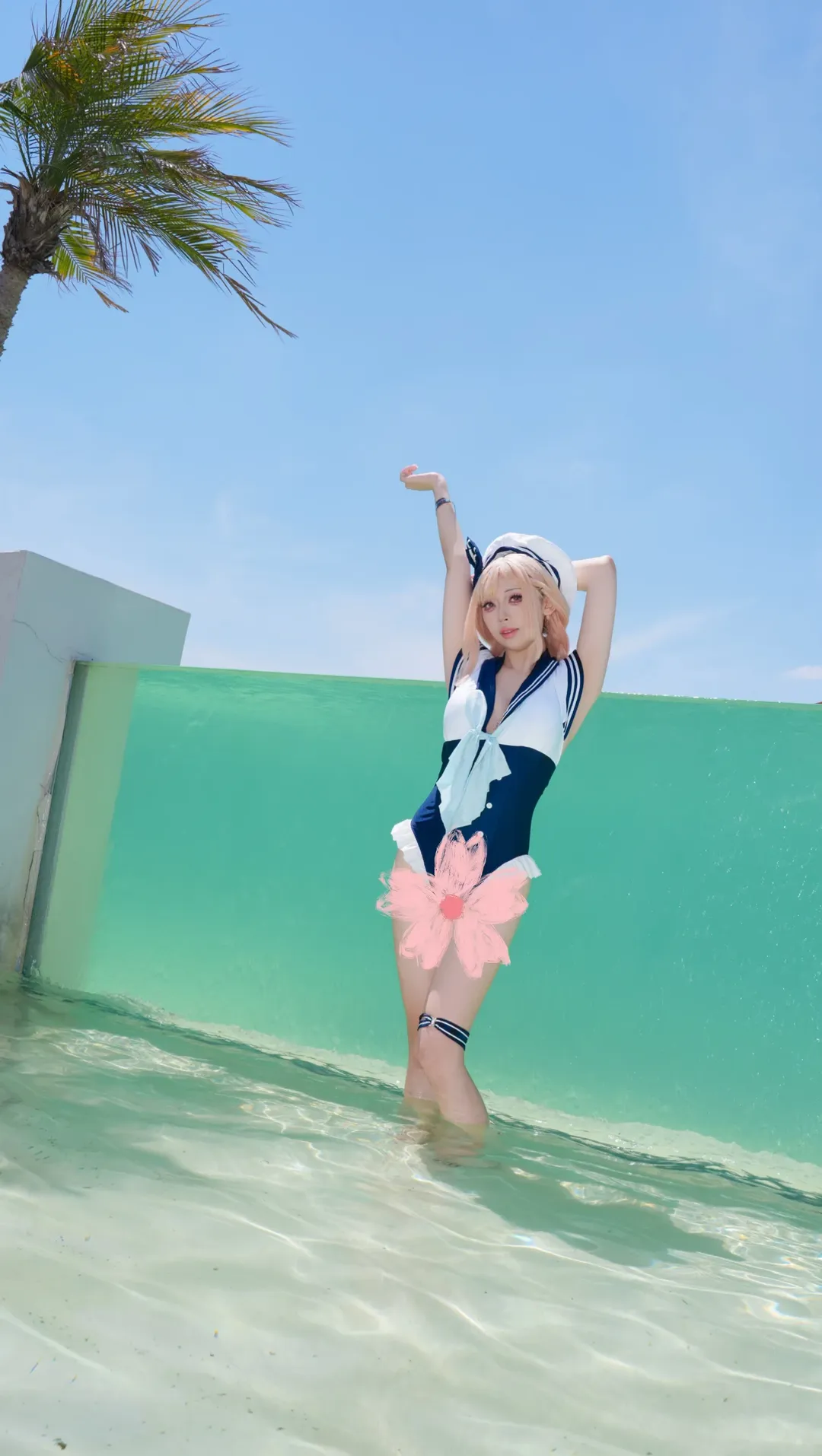 二次元cosplay, 水手风泳装cos, 夏日水边摄影, 池畔写真, 日常穿搭分享 - 第2张