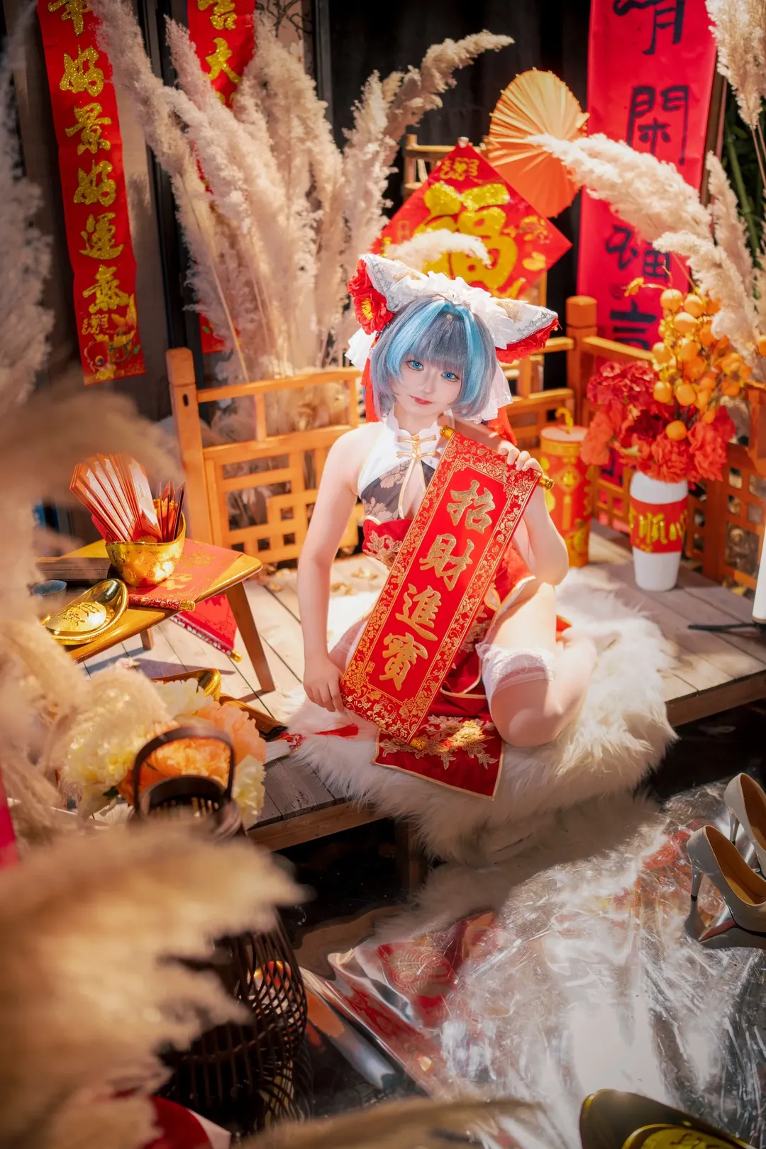 cosplay, 柴郡cos, 碧蓝航线, 白丝, 新春旗袍 - 第1张