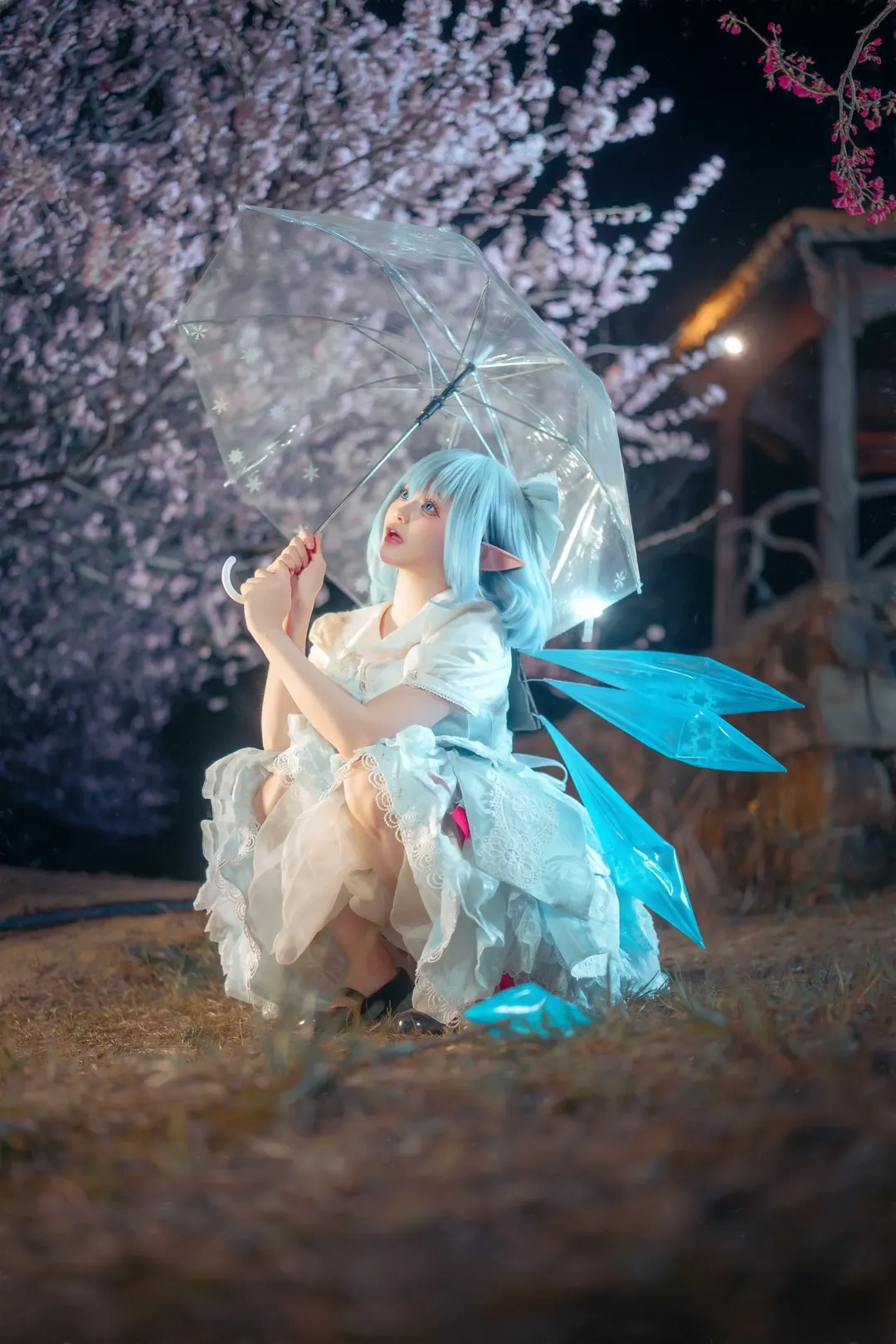 二次元撮影, 東方Project, エルフ耳, チルノコスプレ, 夜桜の屋外撮影 - 3枚目
