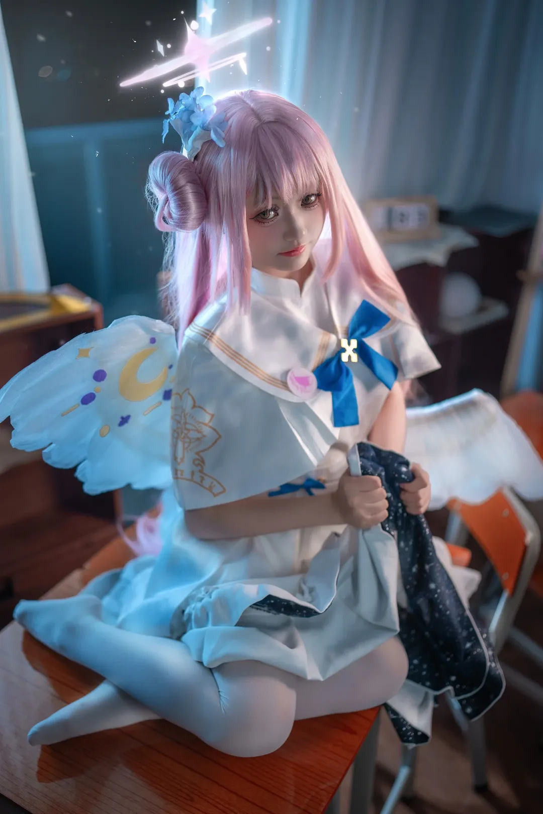 Blue Archive, Misono Mika cosplay, Casual cosplay, White thigh-highs outfit, Classroom photo - Image 1