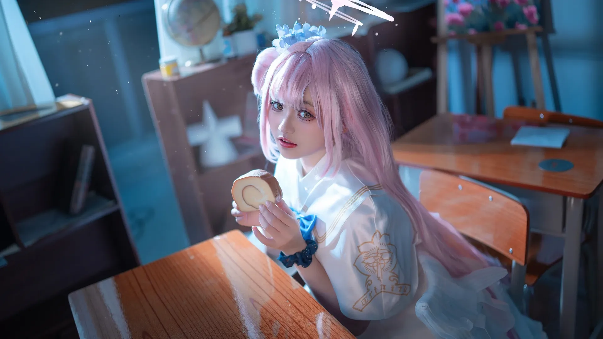 Blue Archive, Misono Mika cosplay, Casual cosplay, White thigh-highs outfit, Classroom photo - Image 2