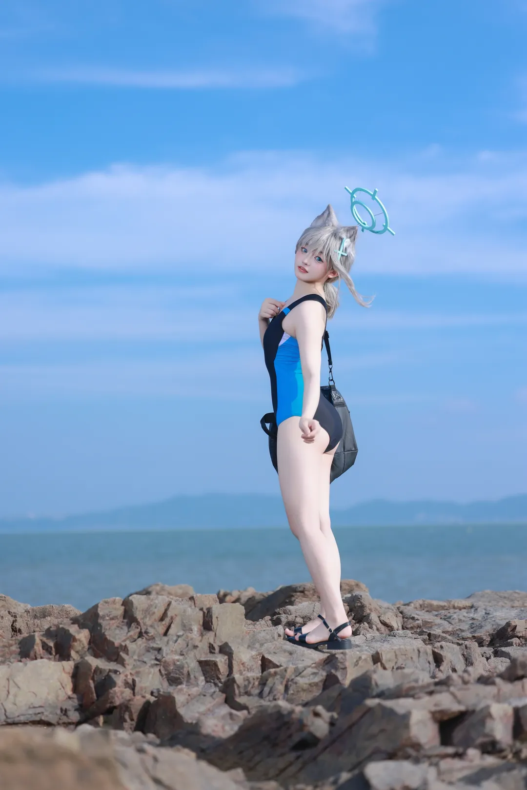Anime girl, Blue Archive, Swimsuit cosplay, Shiroko Sunaookami Cosplay, Seaside location shoot - Image 1