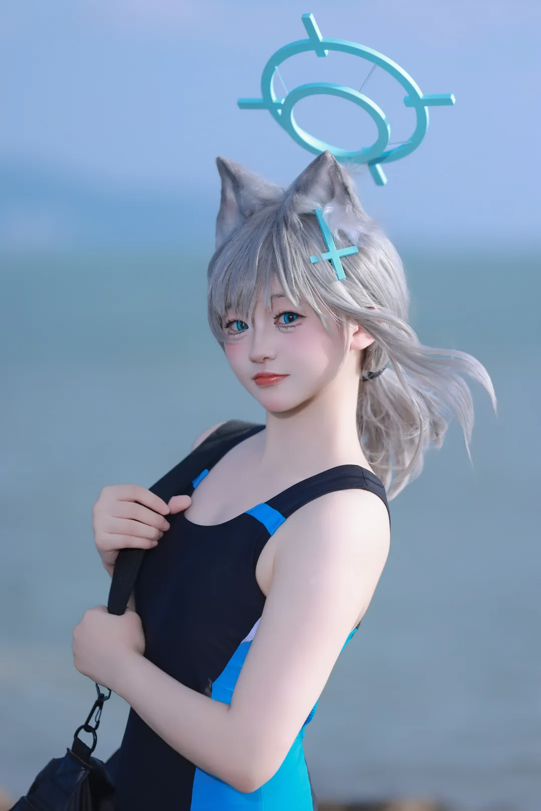 Anime girl, Blue Archive, Swimsuit cosplay, Shiroko Sunaookami Cosplay, Seaside location shoot - Image 3