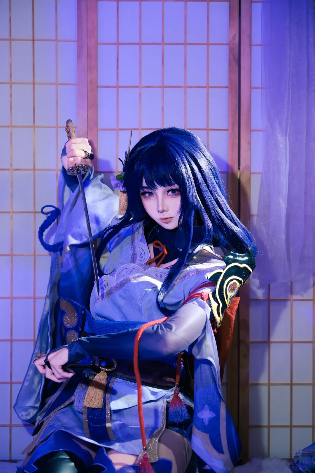 原神, スタジオ撮影, 雷電将軍コスプレ, 次元幻想カラコン, 黒ストッキングの長い脚 - 7枚目