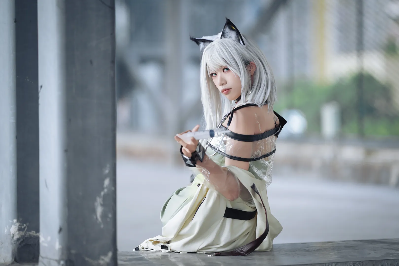 Outdoor photography, Arknights, Silver hair and cat ears, Kal'tsit cosplay, Techwear cosplay