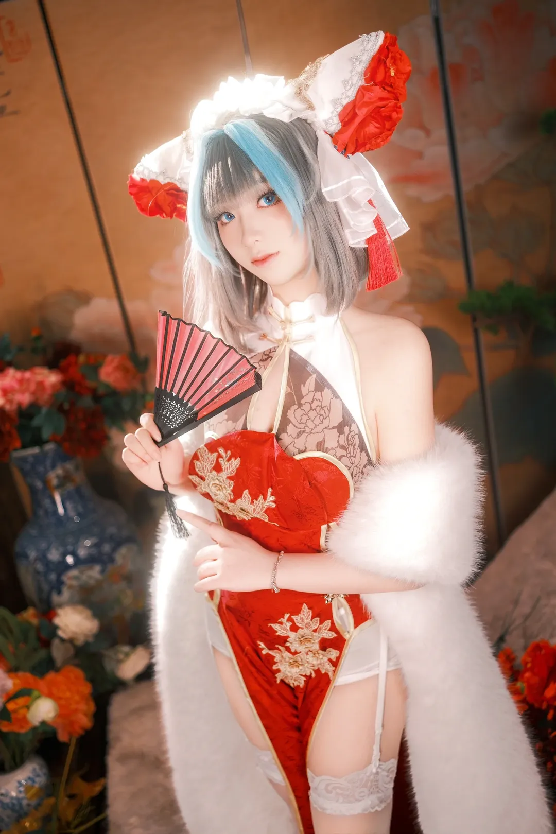 柴郡cos, 碧蓝航线, cosplay摄影, 国风旗袍, 白丝吊带袜 - 第2张