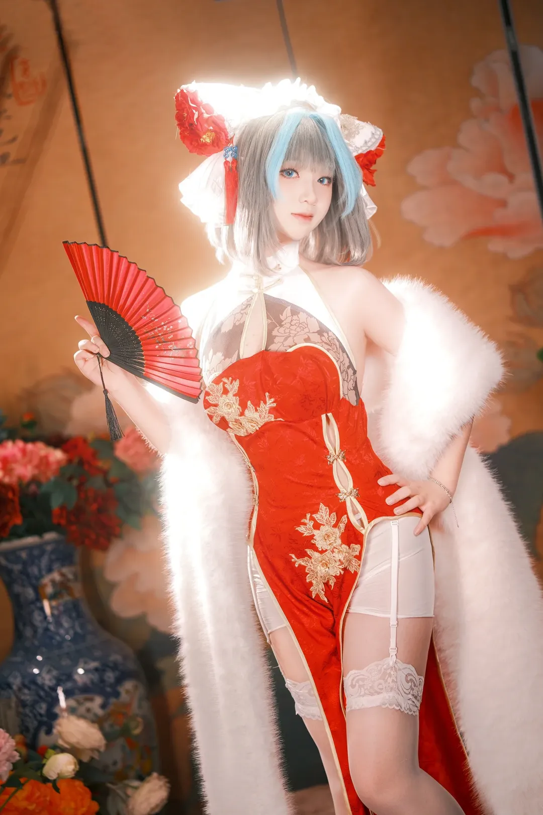 柴郡cos, 碧蓝航线, cosplay摄影, 国风旗袍, 白丝吊带袜 - 第3张