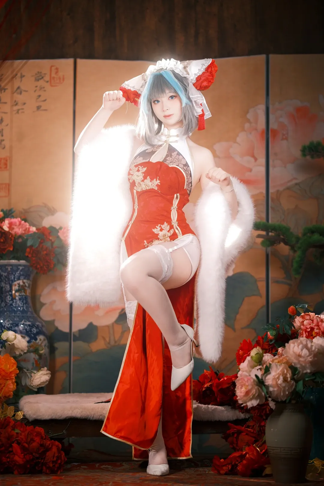 柴郡cos, 碧蓝航线, cosplay摄影, 国风旗袍, 白丝吊带袜 - 第4张