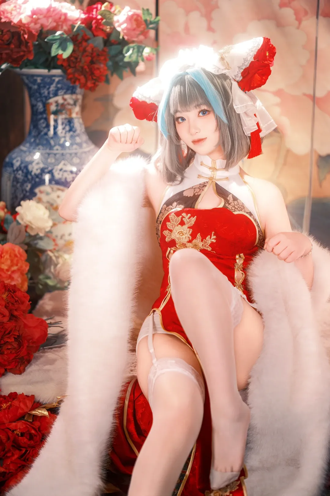 柴郡cos, 碧蓝航线, cosplay摄影, 国风旗袍, 白丝吊带袜