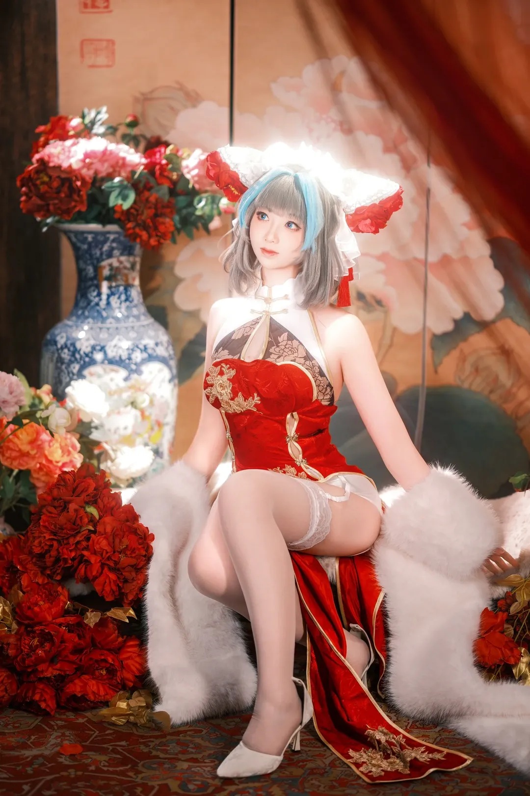 柴郡cos, 碧蓝航线, cosplay摄影, 国风旗袍, 白丝吊带袜 - 第7张