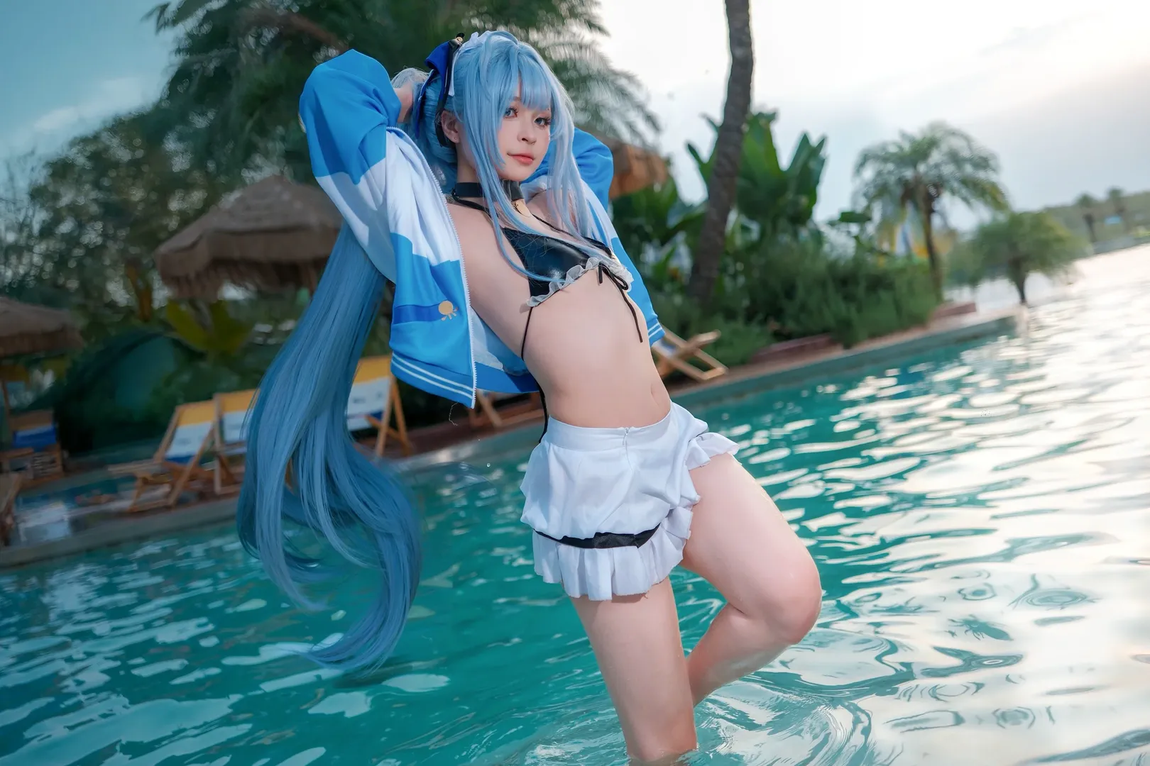 cosplay, 勝利女神妮姬, 泳池拍照, 藍髮雙馬尾, 夏日清涼穿搭