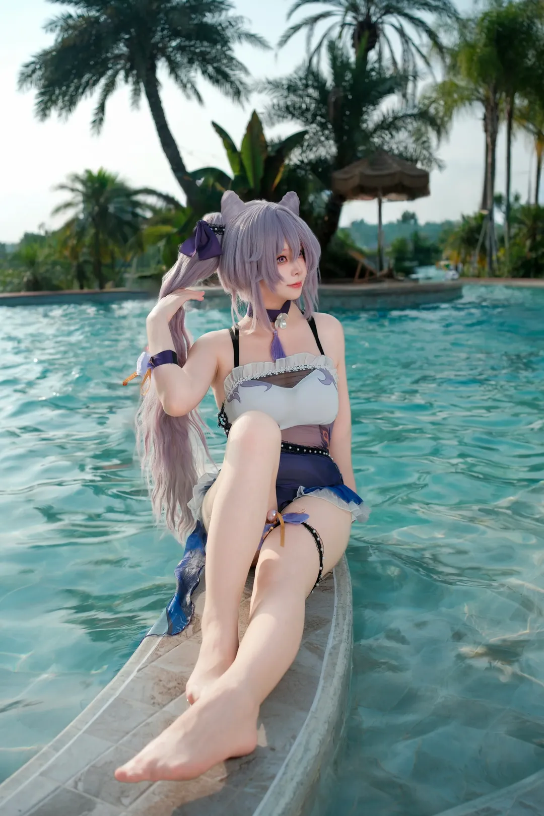 原神, 刻晴cos, 夏日泳装, cosplay摄影, 户外泳池