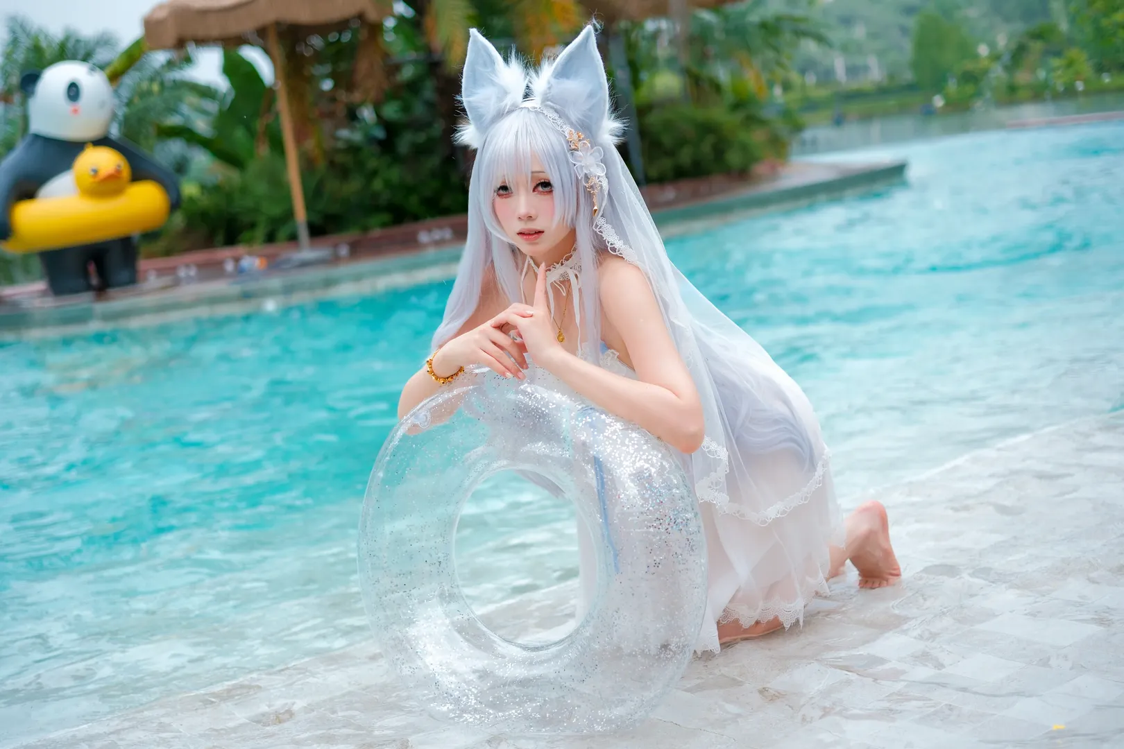 cosplay, Azur Lane, Shinano cosplay, Animal ears swimsuit, Transparent sequin swim ring
