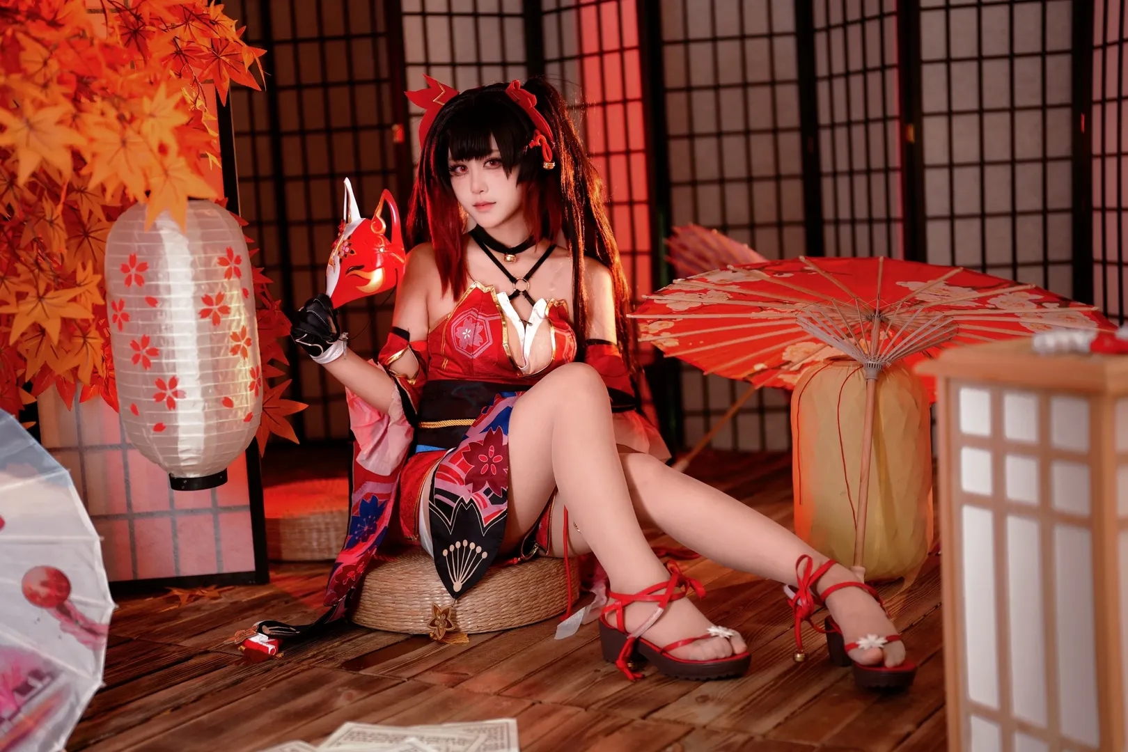 Honkai: Star Rail, Anime cosplay, Sparkle cosplay, Fox mask styling, Japanese-style red outfit