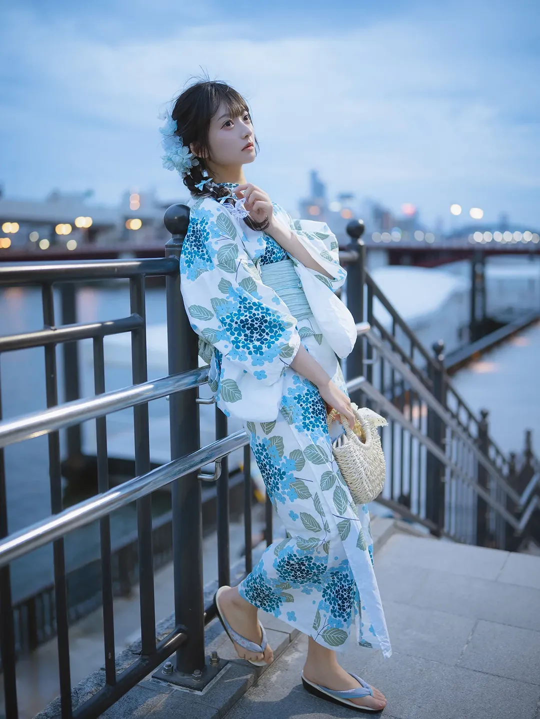 Japanese-style girl, Yukata photoshoot, Twilight portrait, Blue and white hydrangea, Sumida River night view - Image 1