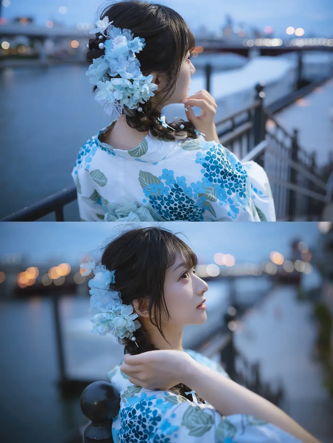Japanese-style girl, Yukata photoshoot, Twilight portrait, Blue and white hydrangea, Sumida River night view - Image 11