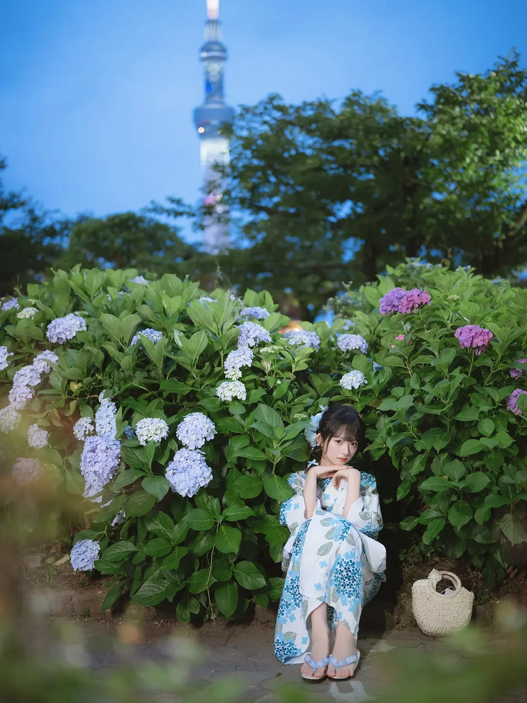 Japanese-style girl, Yukata photoshoot, Twilight portrait, Blue and white hydrangea, Sumida River night view - Image 13