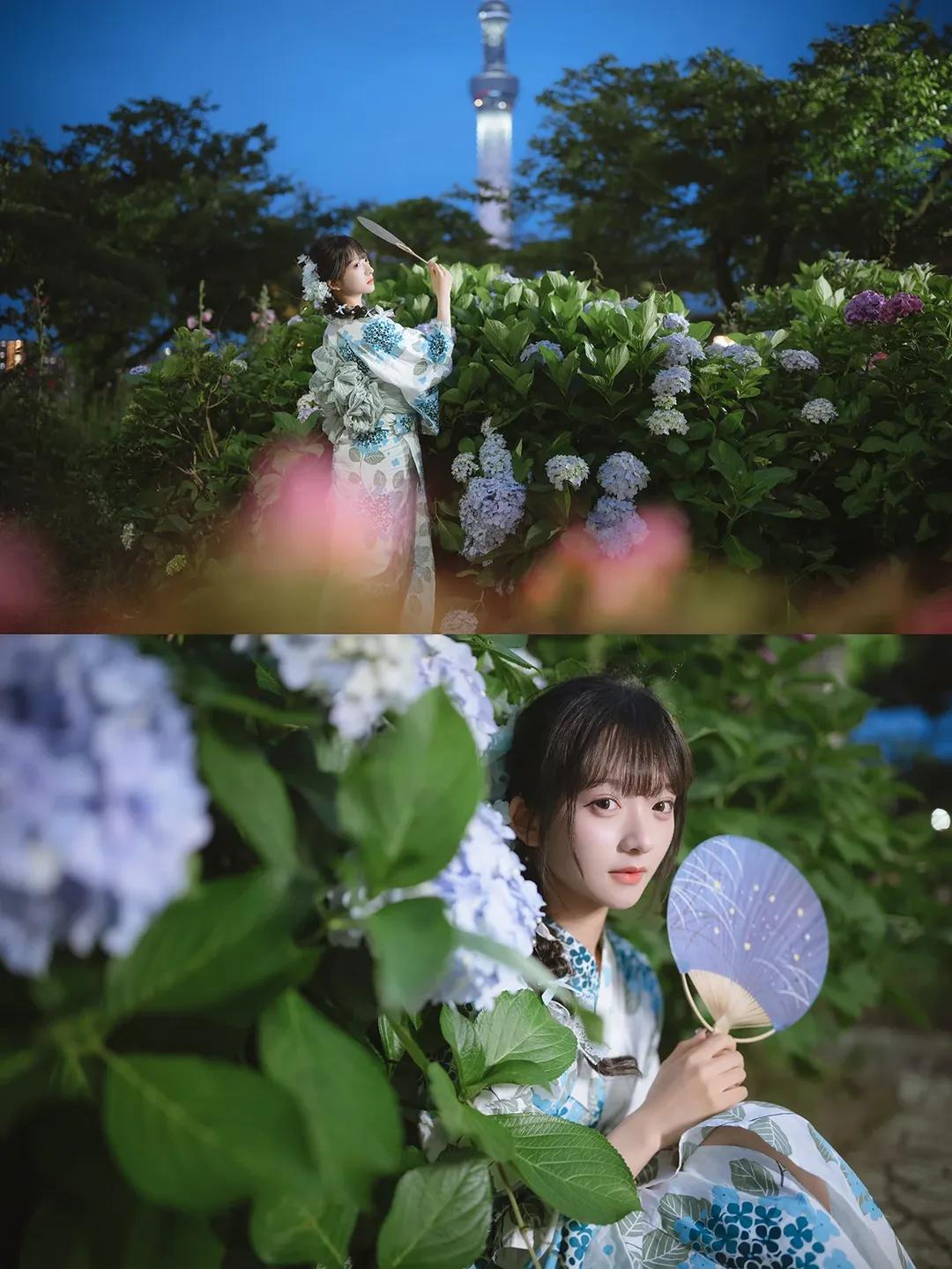 Japanese-style girl, Yukata photoshoot, Twilight portrait, Blue and white hydrangea, Sumida River night view - Image 15