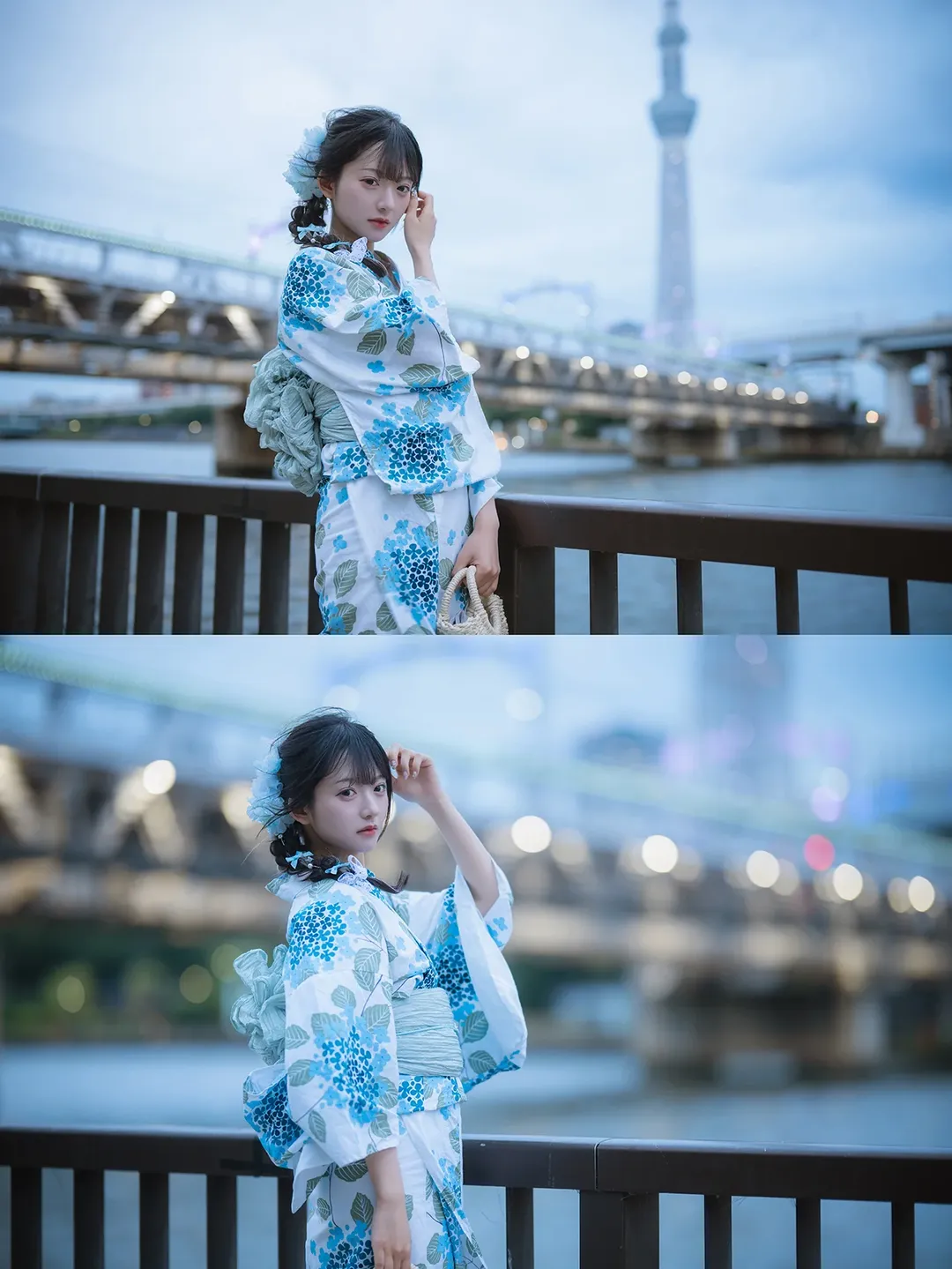 Japanese-style girl, Yukata photoshoot, Twilight portrait, Blue and white hydrangea, Sumida River night view - Image 3