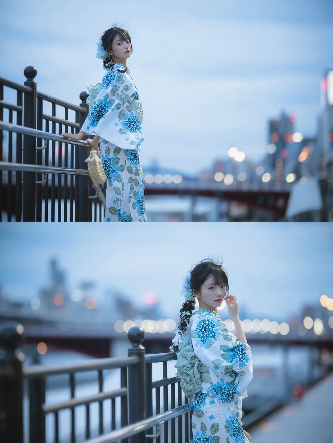 Japanese-style girl, Yukata photoshoot, Twilight portrait, Blue and white hydrangea, Sumida River night view - Image 6