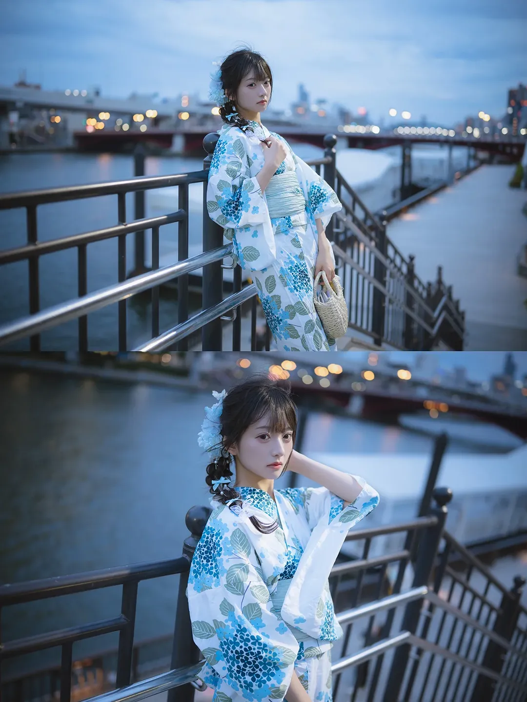 Japanese-style girl, Yukata photoshoot, Twilight portrait, Blue and white hydrangea, Sumida River night view - Image 8