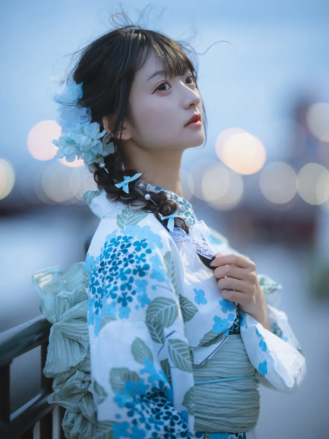 Japanese-style girl, Yukata photoshoot, Twilight portrait, Blue and white hydrangea, Sumida River night view - Image 9