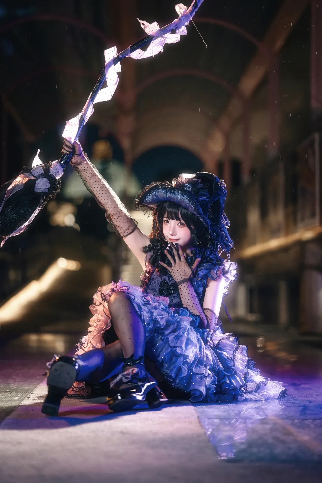 夜景人像摄影, 魔女Lolita穿搭, 百禧公园夜景, 黑色波点网袜, Lolita拍照姿势 - 第6张