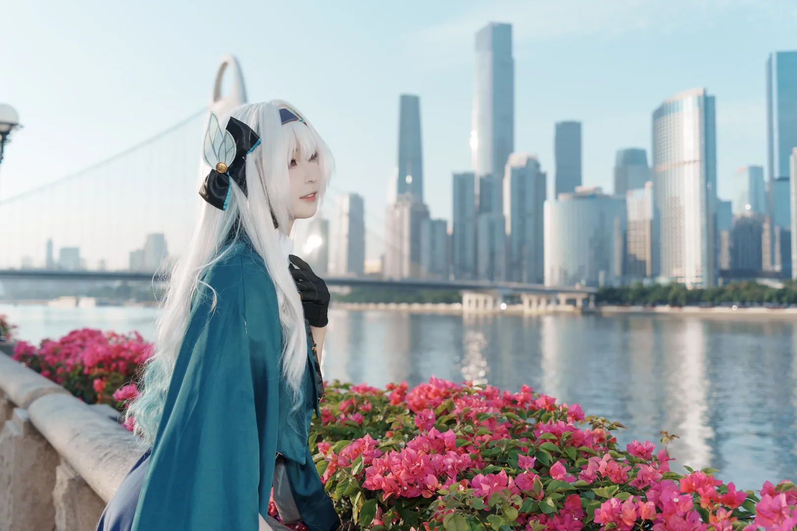 Anime-style photography, Firefly cosplay, Honkai: Star Rail, White-haired character, Urban travel photography - Image 1