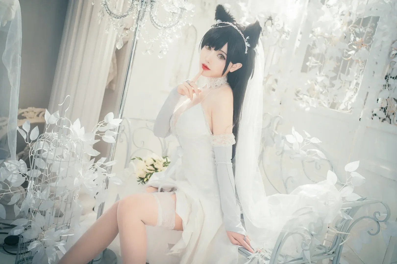 Azur Lane, Girl photography, White stockings, Kemonomimi girl, Atago cosplay