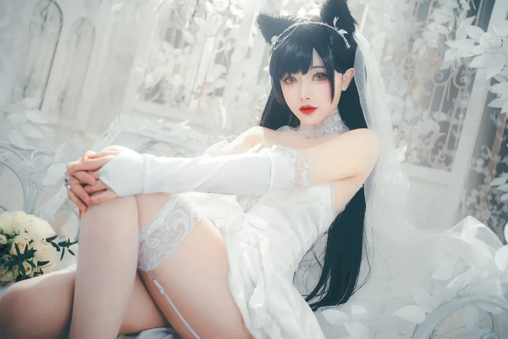 アズールレーン, 少女写真, 白ストッキング, 獣耳娘, 愛宕コスプレ - 9枚目