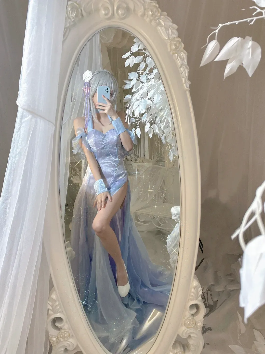 cosplay, 从零开始的异世界生活, 艾米莉亚cos, 对镜自拍, 冰晶礼服