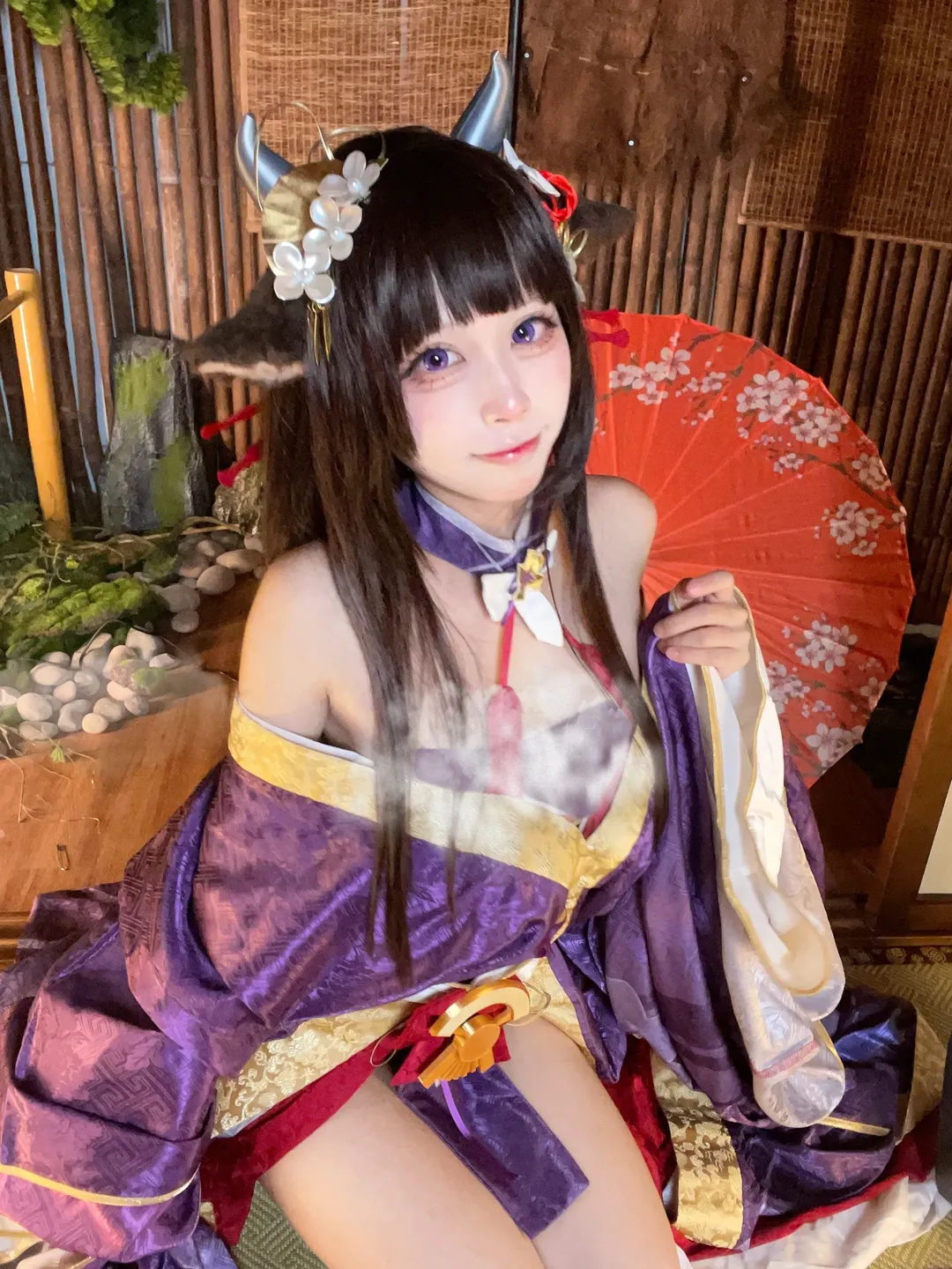 2次元少女, 和風コスプレ, 庭撮影, 獣耳スタイル, 紫衣古風 - 1枚目