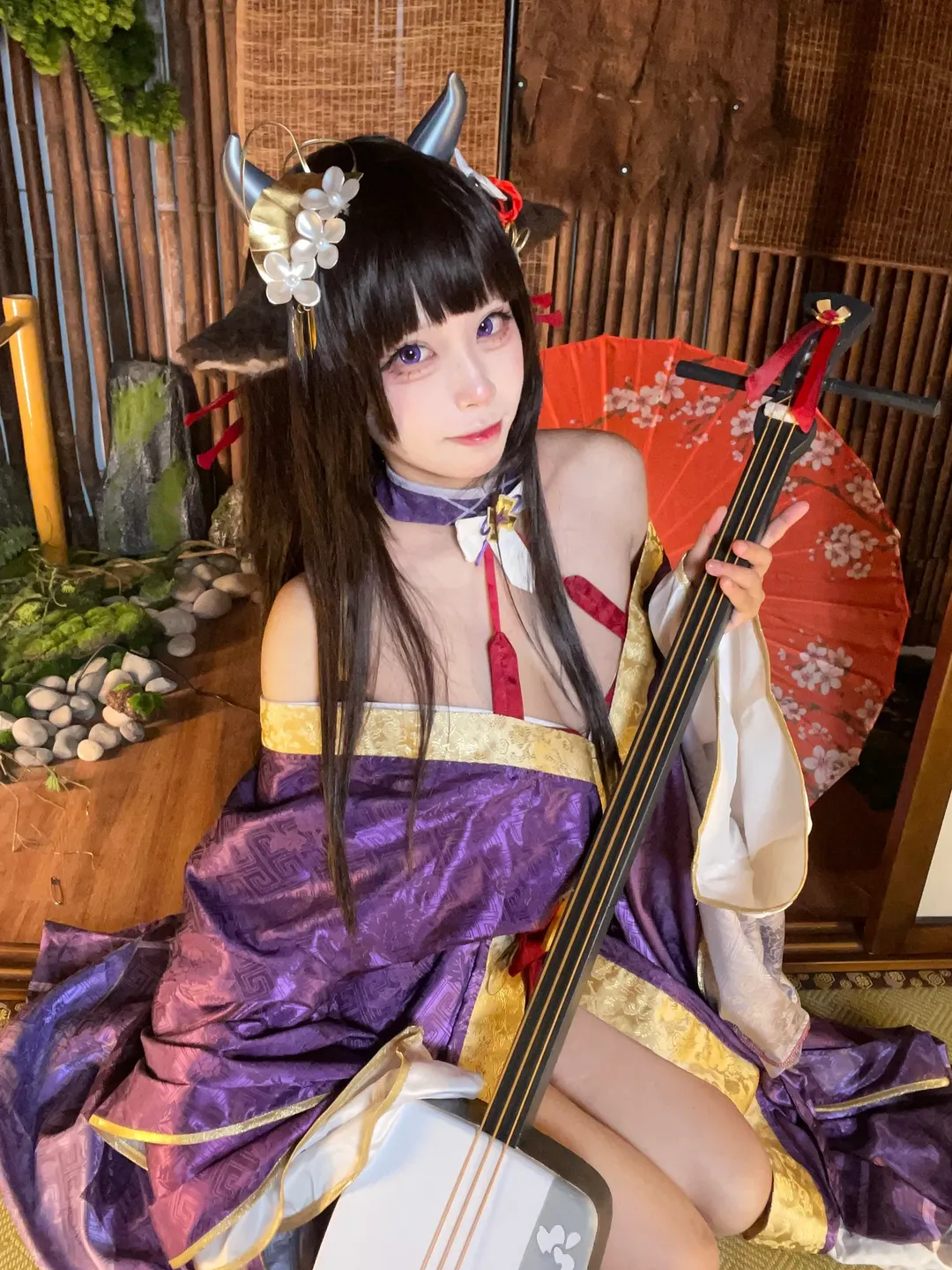 2次元少女, 和風コスプレ, 庭撮影, 獣耳スタイル, 紫衣古風 - 2枚目