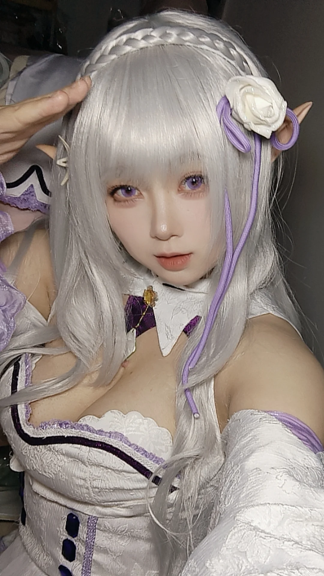 Emilia cosplay, Elf ear style, Silver hair and purple eyes, Cosplay selfie, Re:Zero − Starting Life in Another World