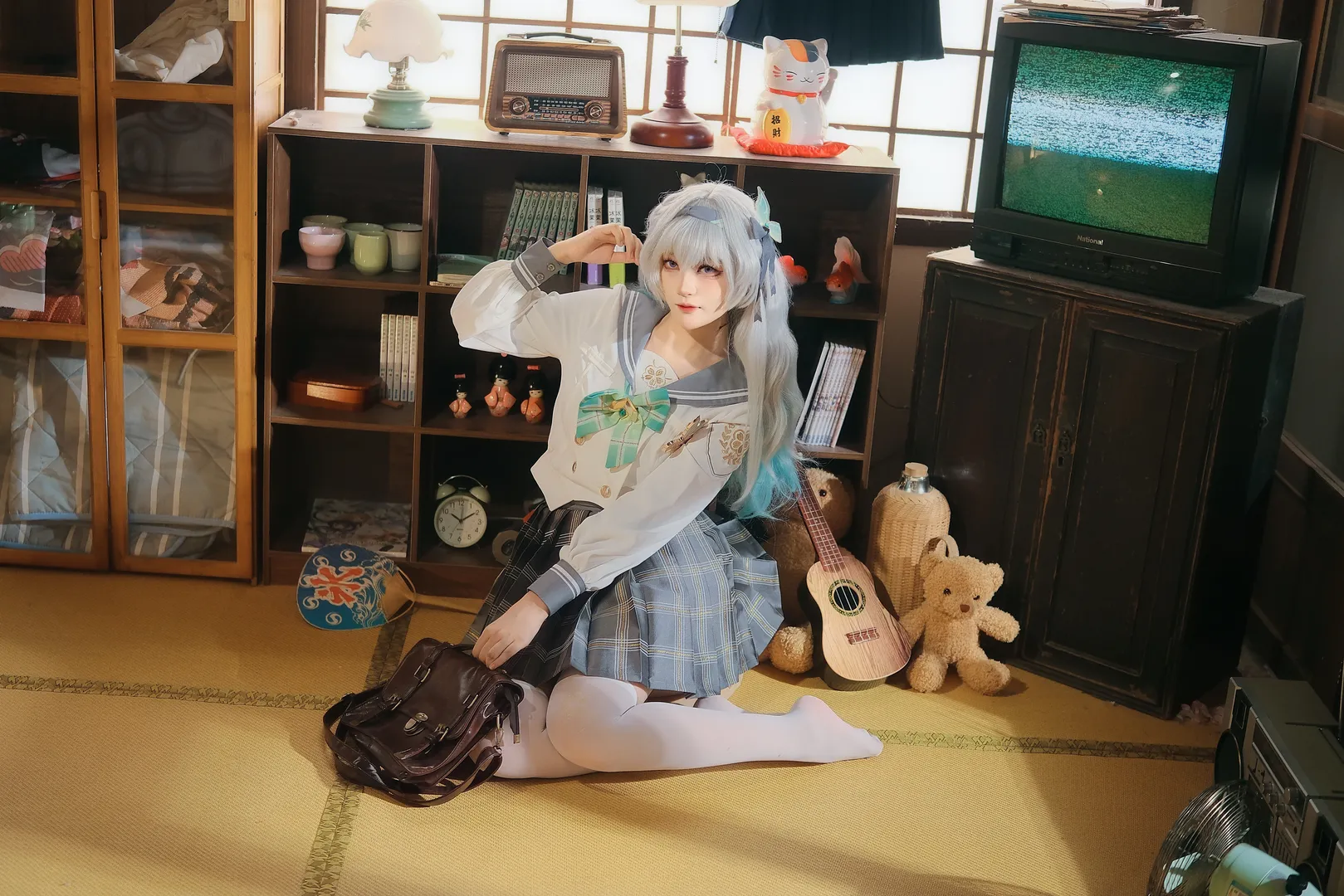 Honkai: Star Rail, Firefly cosplay, White thigh-highs outfit, Campus style photography, Japanese-style room photoshoot - Image 3
