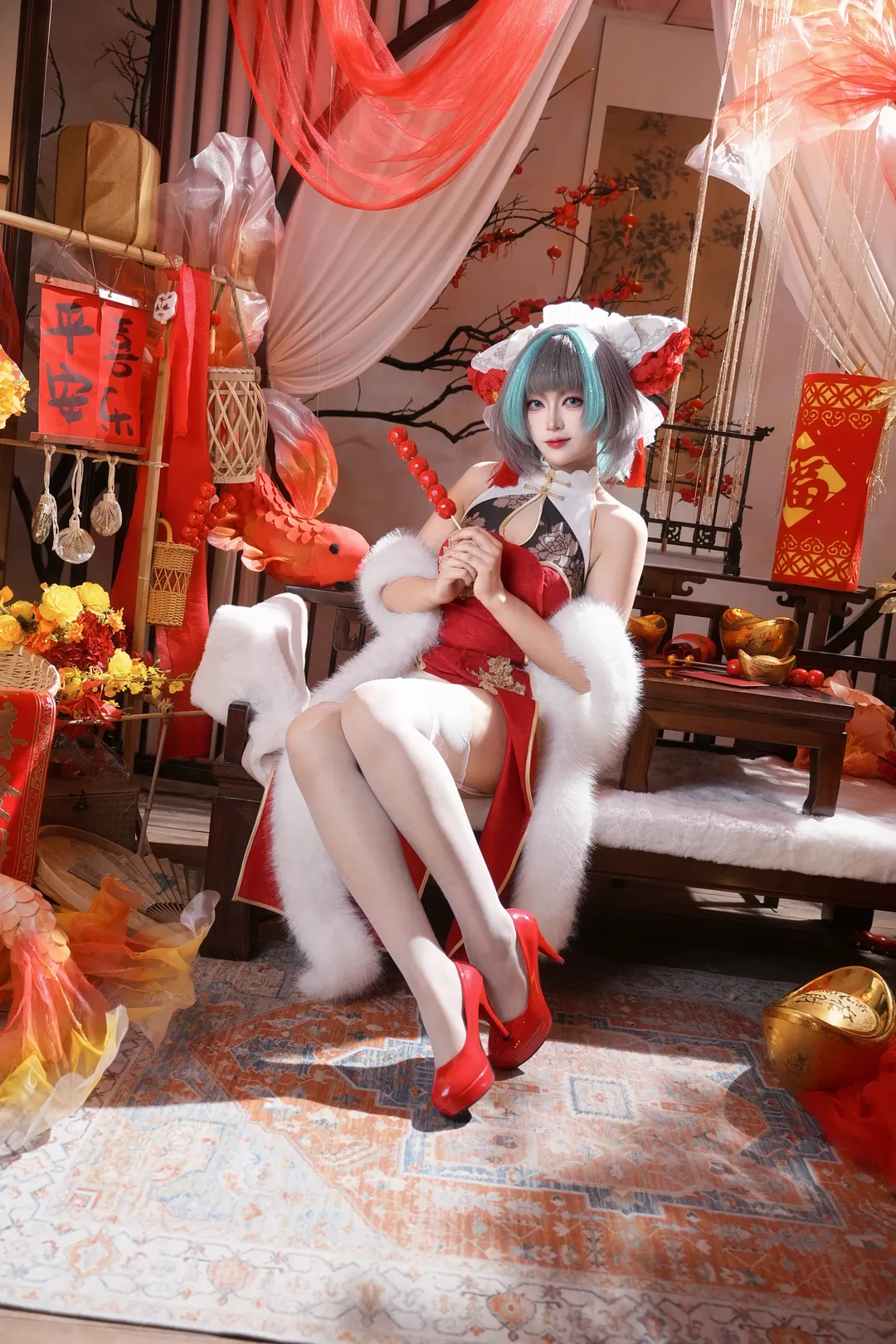 柴郡cos, 碧蓝航线, 白丝穿搭, 国风旗袍, 新春写真 - 第3张