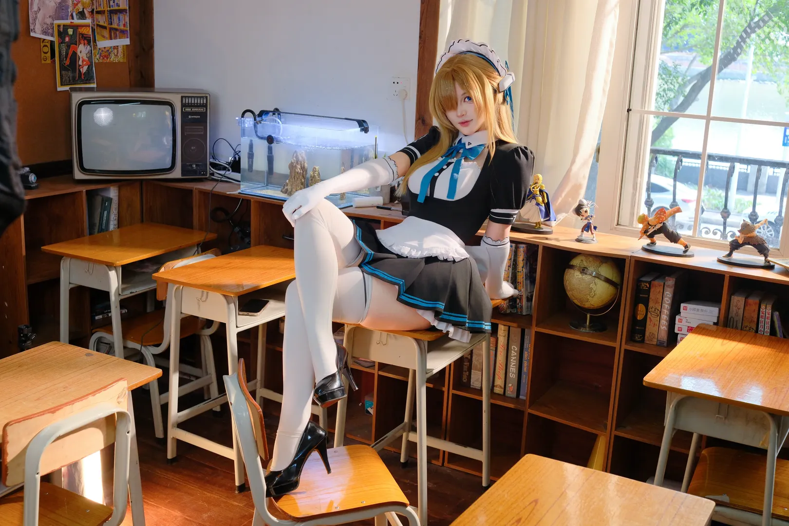 二次元摄影, 蔚蓝档案, 校园风cosplay, 明日奈cos, 白丝女仆装