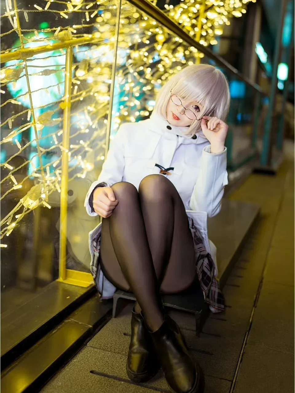 FGO, 夜景摄影, 黑丝穿搭, 玛修cos, 白色牛角扣大衣