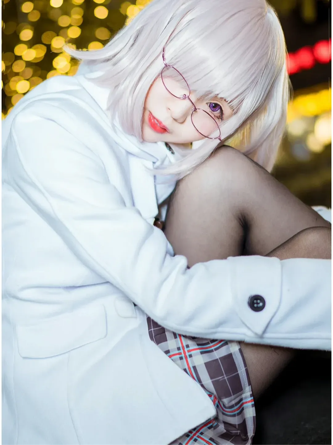 Fate/Grand Order, 夜景撮影, 黒タイツ コーデ, マシュコスプレ, 白いダッフルコート - 2枚目