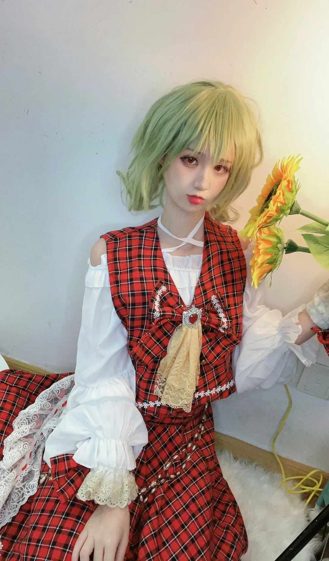 cosplay, 东方projectcos, 向日葵, 绿发, 红黑格子裙