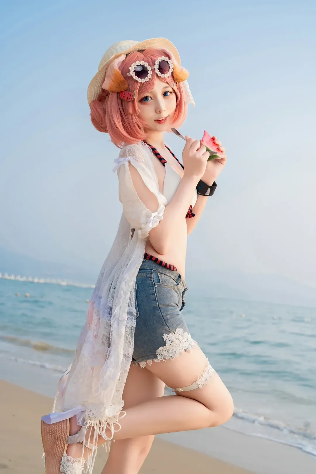2D, Arknights, Goldenglow cosplay, Animal ears, Summer beach