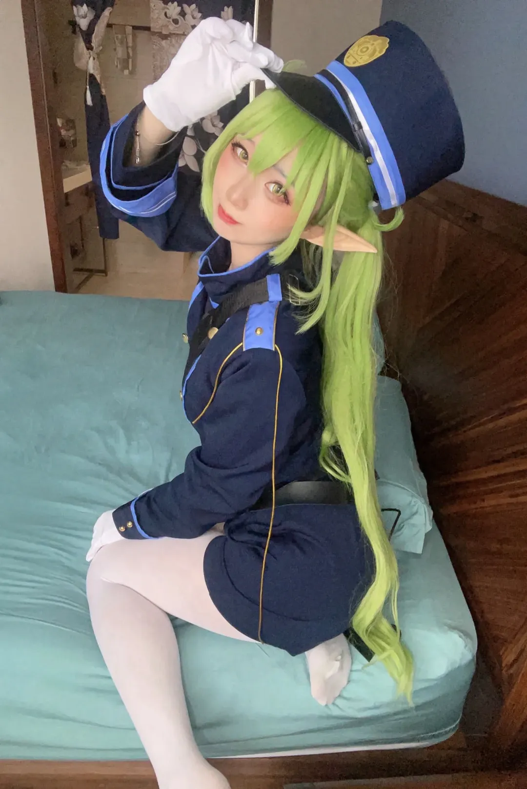 蔚蓝档案, 白丝穿搭, 二次元制服, 橘光&橘望cos, 绿发精灵耳 - 第6张