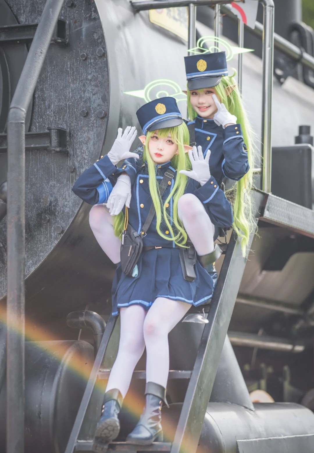 ブルーアーカイブ, コスプレ撮影, 白ニーソコーデ, 鉄道学院コスプレ, 蒸気機関車